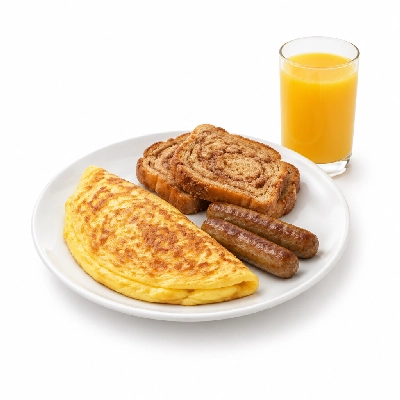 Seattle Sutton's Healthy Eating Breakfast Omelet Turkey Sausage Cinnamon Bread & Juice
