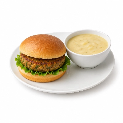 Seattle Sutton's Healthy Eating Dinner Garden Patty on Bun with Potato Soup