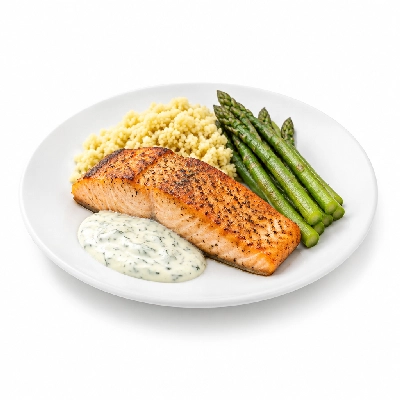 Seattle Sutton's Healthy Eating Dinner Grilled Salmon with Couscous Asparagus and Dill Sauce
