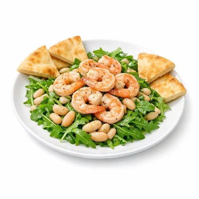 Shrimp, Arugula White Bean Salad & Pita