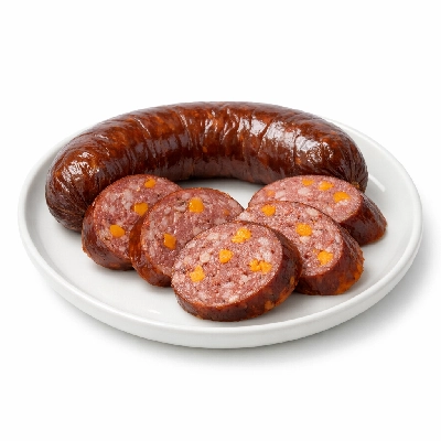 Smoked pork and beef sausage with cheddar cheese
