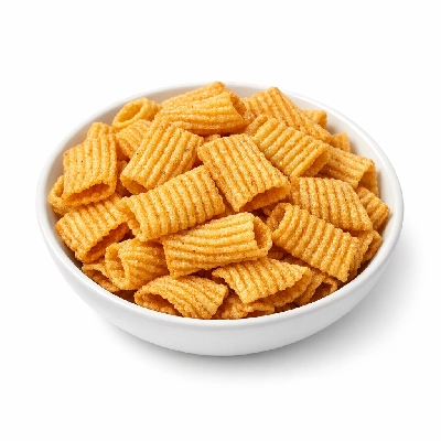 Snacks corn-based extruded chips barbecue-flavor made with enriched masa flour
