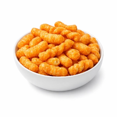 Snacks corn-based extruded puffs or twists cheese-flavor