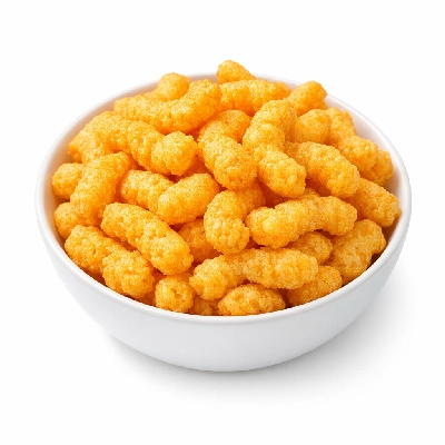 Snacks corn-based extruded puffs or twists cheese-flavor unenriched
