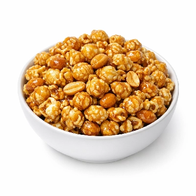 Snacks popcorn caramel-coated with peanuts
