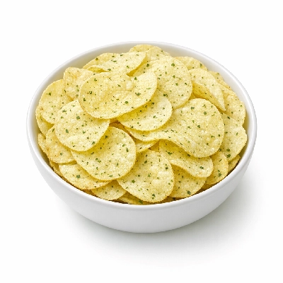 Snacks potato chips made from dried potatoes sour-cream and onion-flavor