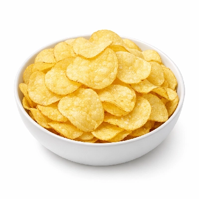 Snacks potato chips plain made with partially hydrogenated soybean oil salted