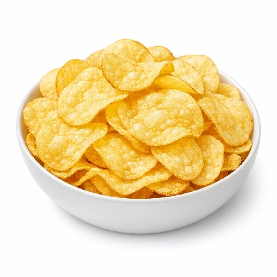 Snacks potato chips plain made with partially hydrogenated soybean oil unsalted