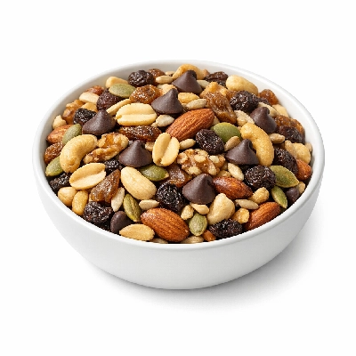 Snacks trail mix regular with chocolate chips salted nuts and seeds