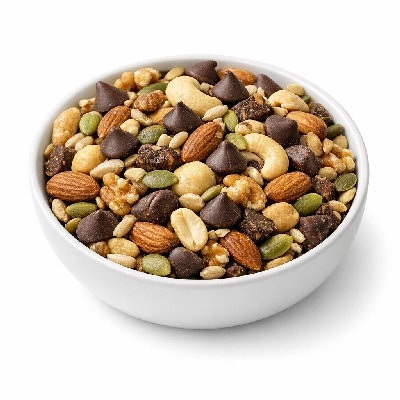 Snacks trail mix regular with chocolate chips unsalted nuts and seeds