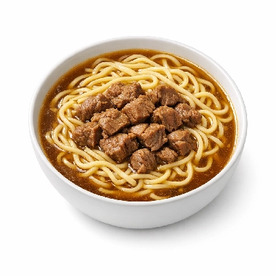 Soup beef noodle dehydrated prepared with water