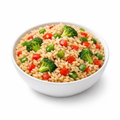 Stir-fried rice with bell peppers and broccoli