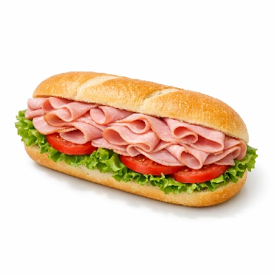Sub sandwich ham on white bread with lettuce and tomato