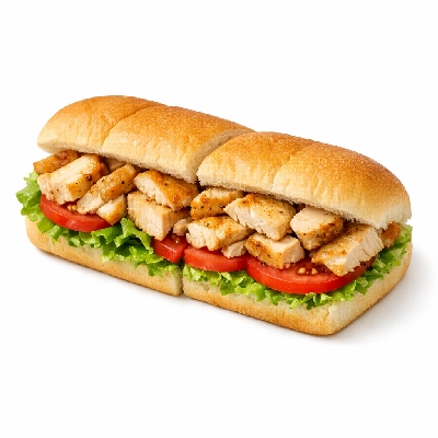 Sub sandwich oven roasted chicken on white bread with lettuce and tomato