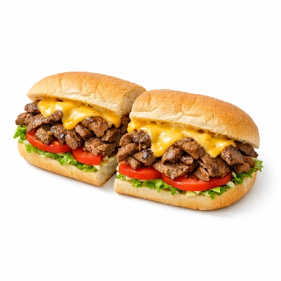 Sub sandwich steak and cheese on white bread with lettuce tomato