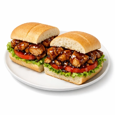 Sub sandwich sweet onion chicken teriyaki, on white bread with lettuce, tomato and sauce