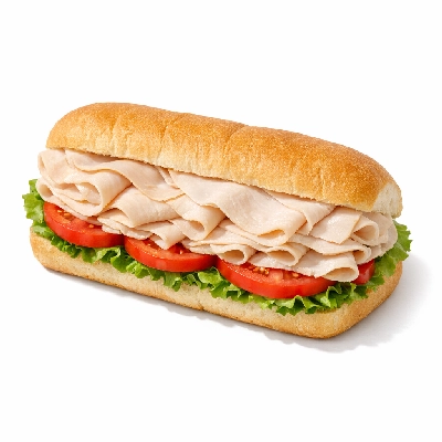 Sub sandwich turkey breast on white bread with lettuce and tomato