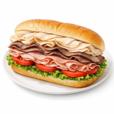 Sub sandwich turkey, roast beef, and ham on white bread with lettuce, tomato