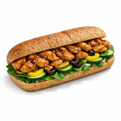 Subway 12" Chicken Teriyaki on Whole Wheat Bread with Sweet Onion and Southwest Sauce, Olives, Cucumbers, Pickles, Spinach, Peppers