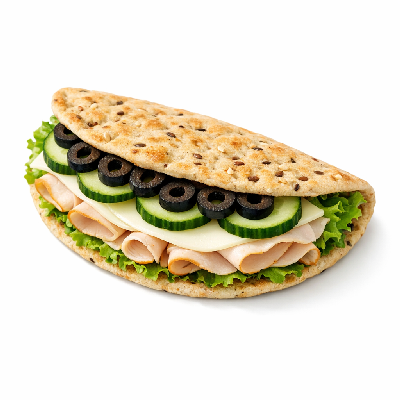 Subway 12' Multigrain Flatbread Turkey with Provolone Letucce Cucumbers and Black Olives