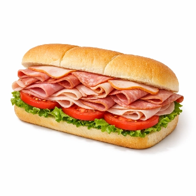 Subway cold cut sub on white bread with lettuce and tomato