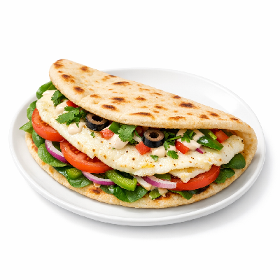 Subway Egg White Omelette on Flatbread, No Cheese, Creamy Sriracha Sauce, Tomato, Spinach, Cilantro, Olives, Onions, Green Peppers