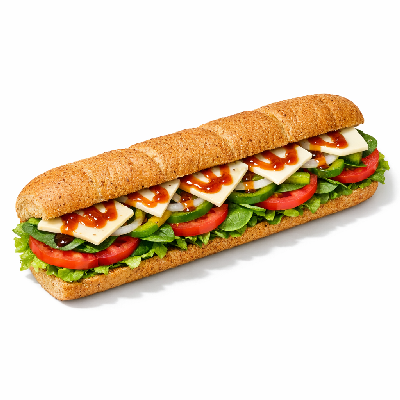 Subway Footlong Italian Wheat Lettuce Tomato Onions Bell Peppers Spinach Jack Cheese and Sweet Sauce Sandwich