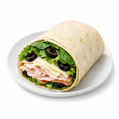 Subway Hot Habanero Wrap with Turkey Breast, Lettuce, Spinach, Black Olives, Pepper, Salt, Provolone Cheese, and Honey Mustard Sandwich