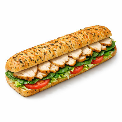 Subway Italian Herbs & Cheese Bread with Oven Roasted Chicken Spinach Tomato Lettuce Salt Pepper Oil and Vinegar Footlong Sub