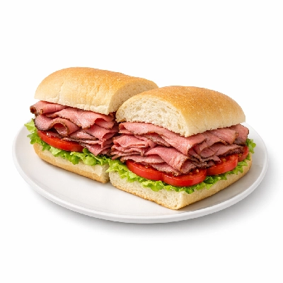 Subway roast beef sub on white bread with lettuce and tomato