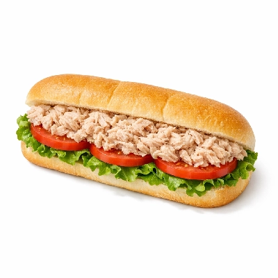 Subway tuna sub on white bread with lettuce and tomato