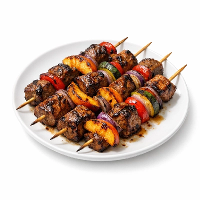 Summer Beef Kebabs with Veggies and Peaches