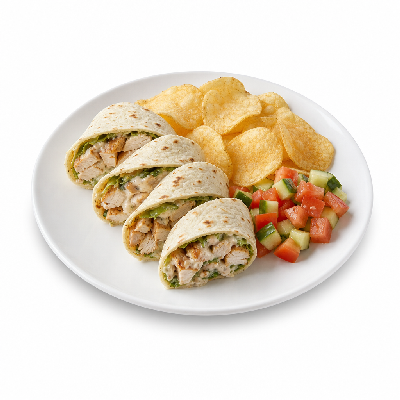 Taziki's Chicken Wrap Chips and Tomato Cucumber Salad Sides