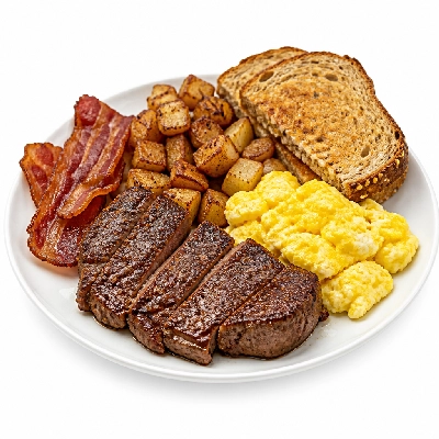 TGI Fridays Breakfast Steak & Eggs (with Bacon Potatoes Multi Grain Toast)