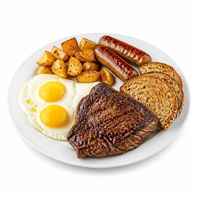 TGI Fridays Breakfast Steak & Eggs (with Sausage Potatoes Multi Grain Toast)