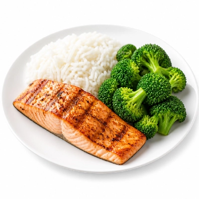 TGI Fridays Simply Grilled Salmon (with Jasmine Rice and Lemon Butter Broccoli)