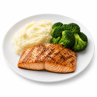 TGI Fridays Simply Grilled Salmon (with Mashed Potatoes and Lemon Butter Broccoli)