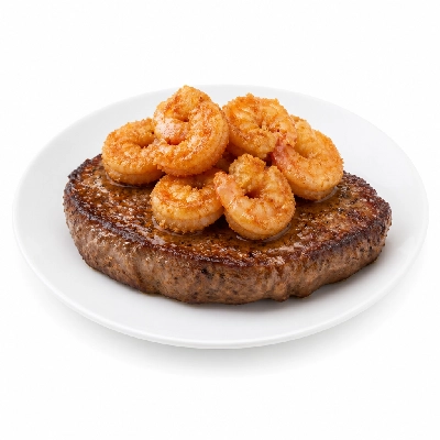 TGI Fridays Steaks Center Cut Sirloin & Shrimp (Hand Breaded) (Includes Cocktail Sauce Mashed Potatoes and Lemon Butter Broccoli) Topped with Parmesan Butter