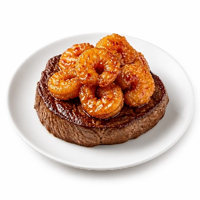 TGI Fridays Steaks Center Cut Sirloin & Shrimp (Hand Breaded) (Includes Cocktail Sauce Mashed Potatoes and Lemon Butter Broccoli) Topped with Whiskey Glaze
