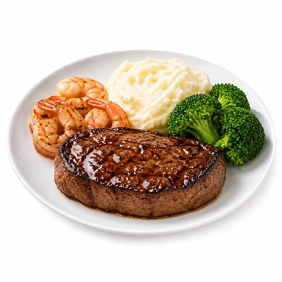 TGI Fridays Steaks Center Cut Sirloin & Shrimp (Includes Cocktail Sauce Mashed Potatoes and Lemon Butter Broccoli) Topped with Whiskey Glaze