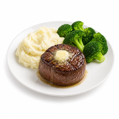 TGI Fridays Steaks Filet Mignon (Includes Mashed Potatoes and Lemon Butter Broccoli) Topped with Parmesan Butter