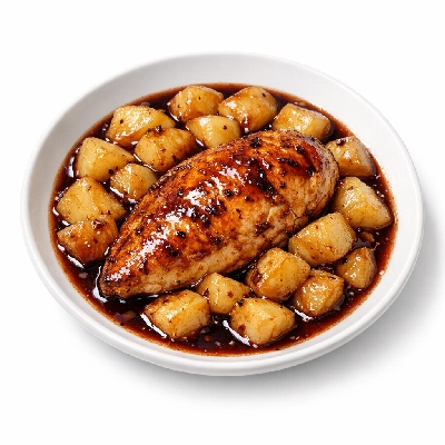 The budget gourmet light french recipe chicken; vegetables chicken breast and potatoes in red wine sauce frozen entree