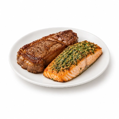 The Cheesecake Factory Steak Diane and Herb Crusted Salmon