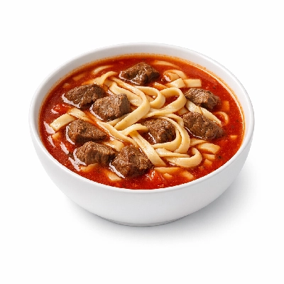 Tomato, beef, and noodle soup