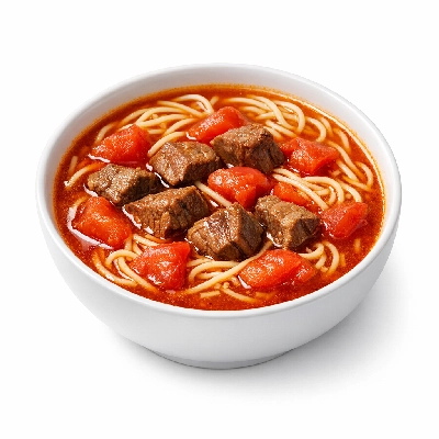 Tomato beef soup with noodle, canned, condensed
