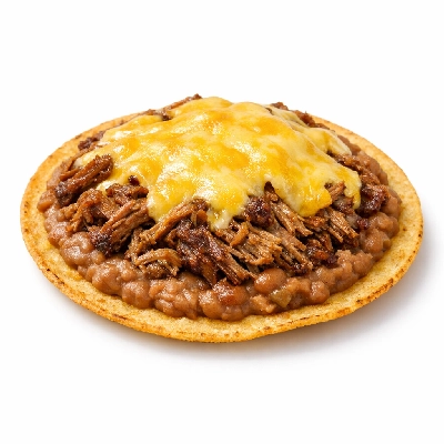 Tostada with beans, beef, and cheese