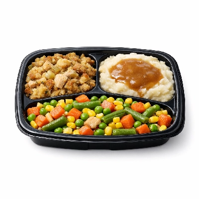 Turkey stuffing mashed potatoes w gravy assorted vegetables frozen microwaved
