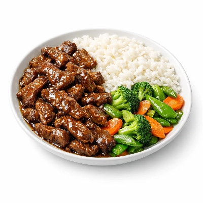 Tyson beef stir fry kit; cooked white rice oriental style vegetables seasoned strips sauce frozen entree product code 5332-921