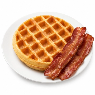 Village Inn Breakfast Items Belgian Waffle Combo with 2 Bacon Strips
