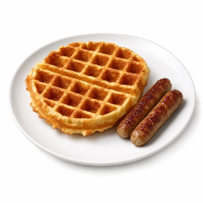 Village Inn Breakfast Items Belgian Waffle Combo with 2 Sausage Links